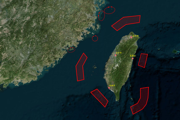 The People’s Liberation Army of China released a map highlighting the areas of operation around Taiwan.