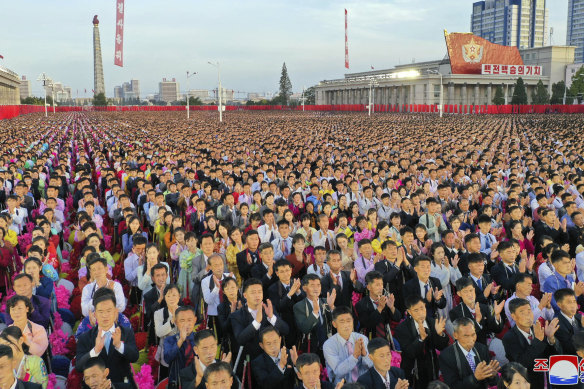 A photo provided by the North Korean government shows people at the Kim-il Sung Square to celebrate the 75th anniversary of the country’s Workers' Party in Pyongyang, North Korea, on Saturday, October 10.