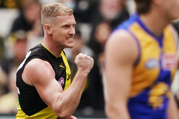 Josh Caddy celebrates a goal en route to Richmond's thrilling win.