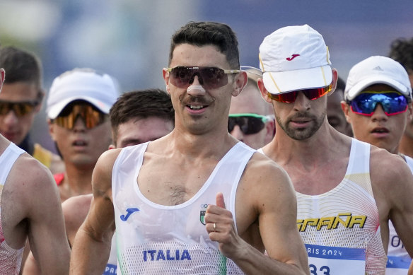 Italy’s Massimo Stano during the men’s 20km race walk at the 2024 Summer Olympics, Thursday, Aug. 1, 2024, in Paris, France.