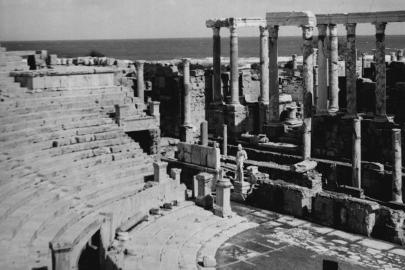 The theatre, stage and auditorium of Leptis Magna, a Roman city in Libya, in 1967.