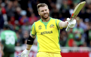 Australia's David Warner celebrates a century against Bangladesh at Trent Bridge on Thursday.