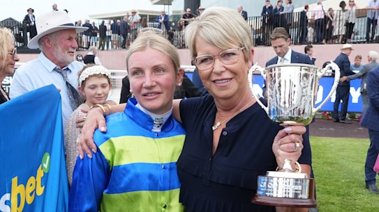 Jamie Melham and Janice McKenna celebrate an emotional moment at Caulfield.