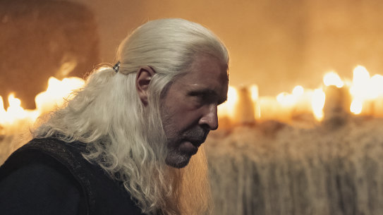 Paddy Considine as King Viserys I Targaryen and Milly Alcock as Princess Rhaenyra Targaryen in House of the Dragon.