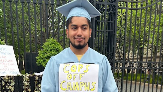 Columbia student Suleyman Ahmed in his graduation robe at the university in New York on Thursday.