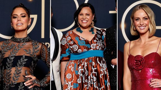 ‘Home & Away’ actor Emily Weir in Mariam Seddiq, NITV presenter Natalie Ahmat in Ikuntji Artists and ‘Today Extra’ co-host Sylvia Jeffreys in Rebecca Vallance champion Australian designers on the 2023 Logie Awards red carpet.