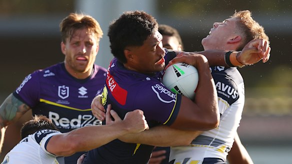 Stefano Utoikamanu charges into the Cowboys’ defence during a recent trial match.