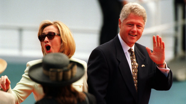 President Clinton and Hillary Clinton leave the stage at Mrs Macquarie's Chair, November 1996.