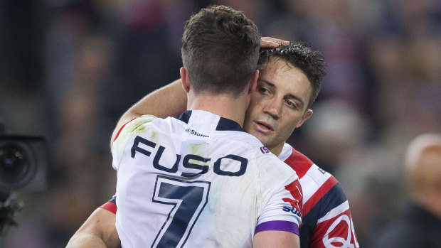 Cooper Cronk and Brodie Croft share a moment after last year's grand final.