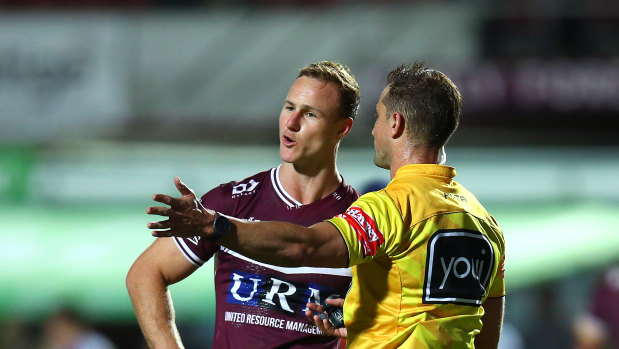 Sea Eagles skipper Daly Cherry-Evans has a word with referee Grant Atkins.