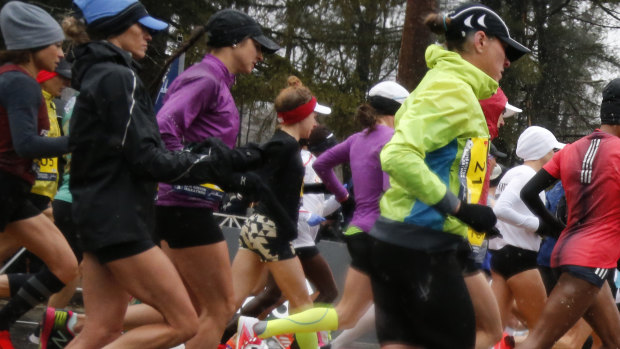 The elite women's pack in the early stages of the 2018 Boston Marathon.