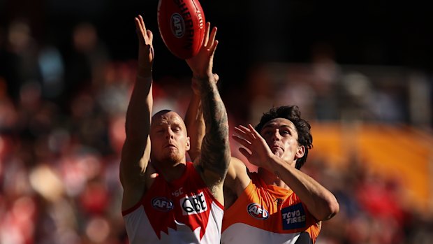 Derby day: Sydney's Zak Jones goes up against Jake Stein of the Giants.