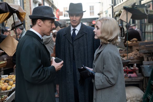 From left: Benedict Cumberbatch, Angus Wright and Rachel Brosnahan in The Courier.