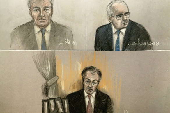 Court artist sketch depicting Ian Mill QC, top left, Justin Rushbrooke QC, top right, and Justice Warby at the Royal Courts of Justice in London.