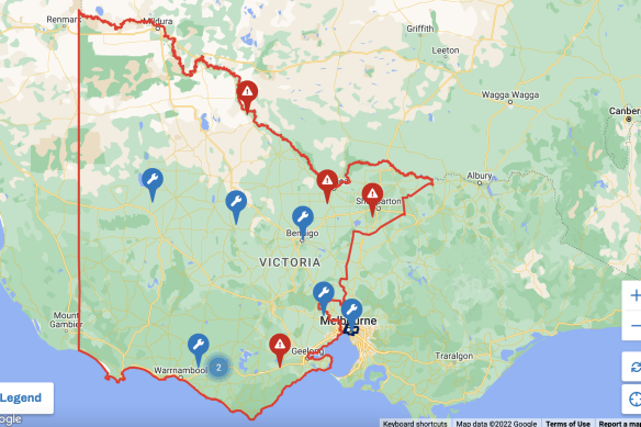 Powercor live outages map, Victoria, 18 October 2022.