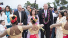 La Trobe MP Jason Wood, Jenny Morrison and Prime Minister Scott Morrison at the Sakyamuni Sambuddha Vihara Sri Lankan Buddhist temple in outer Melbourne Monday.