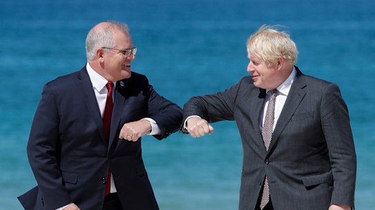 Prime Minister Scott Morrison and British Prime Minister Boris Johnson in Cornwall for the G7 summit.