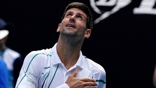 Serbia's Novak Djokovic reacts after progressing to the Australian Open quarter-finals.