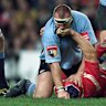 Rod Moore and Danny Grewcock scuffle during the 2001 Waratahs-Lions clash.