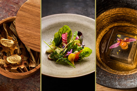 Dishes from three-hat restaurants  (left to right) Amaru, Brae and Minamishima.