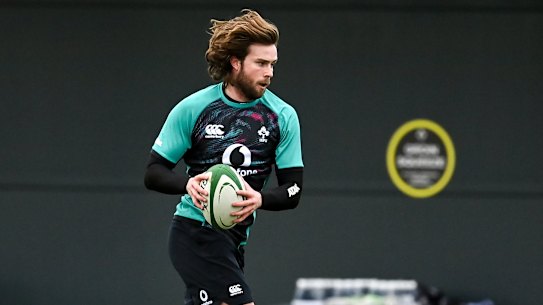 Mack Hansen training with Ireland ahead of his Test debut.