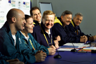 Australian Olympic weightlifters (left) Damian Brown and Michelle Kettner  with John Coates, Craig McLatchey, John Bertrand and Peter Brock at the Sydney Olympic Games village in September 2000.