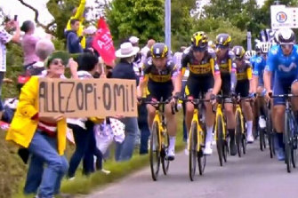 The scene just moments before a spectacular crash on the opening stage of this year’s Tour de France.