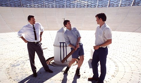 Audiences took to a film about radio telescope technicians: Sam Neill (left), Kevin Harrington and Tom Long in The Dish.
