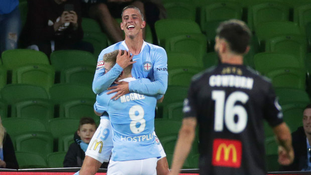 Finishing touch: Lachlan Wales celebrates with Riley McGree after scoring City's third goal late in the game.
