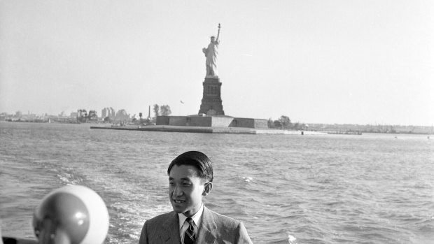 Crown Prince Akihito is photographed while on a boat trip around Manhattan Island sight-seeing in New York in 1960.