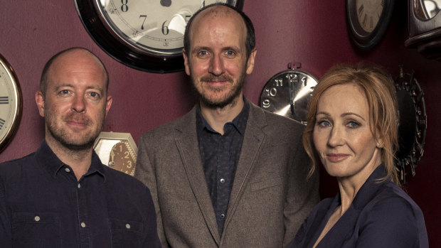 John Tiffany (left), director of Harry Potter and the Cursed Child, with writer Jack Thorne and author J.K. Rowling.