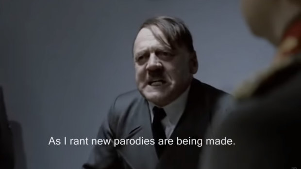 A still from one of a vast number of Hitler Downfall parodies, with actor Bruno Ganz in the lead role, on the internet.