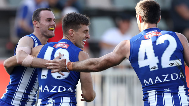 North Melbourne’s Shaun Atley celebrates a goal against the Demons at Blundstone Arena.