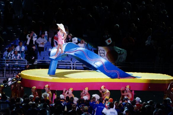 Kylie Minogue enters the Closing Ceremony of the Sydney Olympics, riding a giant thong. 