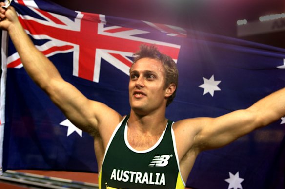Matt Shirvington celebrates after winning the bronze medal in the men's 100 meters final at the Goodwill Games in Brisbane in 2001. 