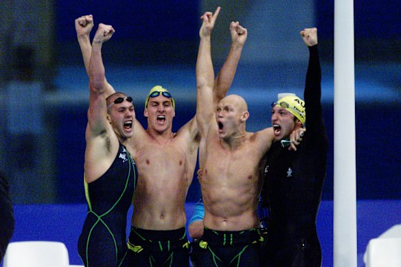 Australian teammates (from left) Ashley Callus, Chris Fydler, Michael Klim and Ian Thorpe celebrate after winning gold and setting a new world record in the men’s 4X100m freestyle relay event at the Sydney Olympics in 2000.