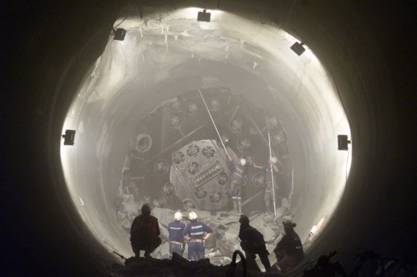 A tunnel boring machine breaks through in the Northside storage tunnel.