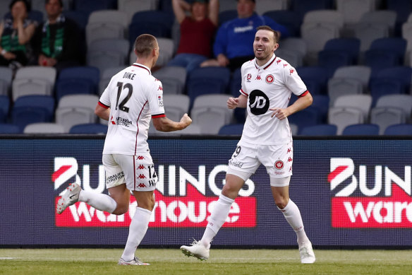 Jordon Mutch celebrates his first A-League goal.