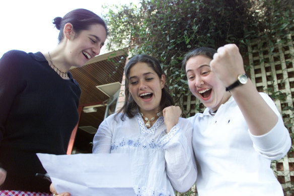 Katherine White, Katie Robertson and Suzana Kovacevic  students at Kew High celebrating their VCE results in 2001.