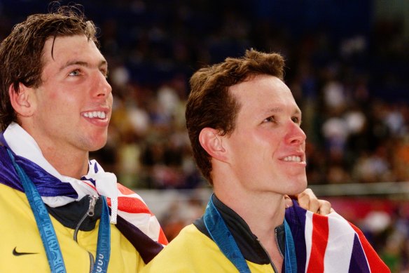 Perkins (right) with Grant Hackett after the 1500m final at the Sydney 2000 Games. “The fact that I was beaten by Grant probably made me more relaxed than I might have been.”