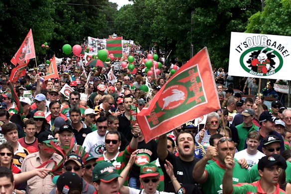 Fans in full voice ... the protest to reinstate the Rabbitohs.