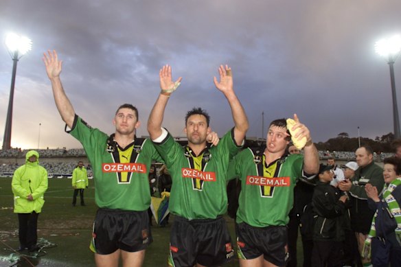 Canberra captain Laurie Daley with Brett Mullins and David Furner in 2000.