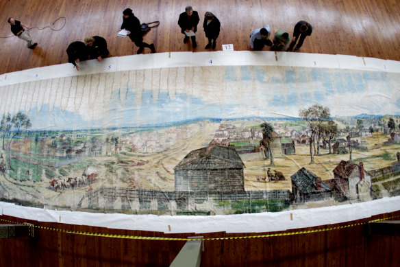 A 30-metre cyclorama painting showing a 360 degree view of Melbourne in the 1840s, which was unrolled in 2000 at the Melbourne Exhibition Buildings.