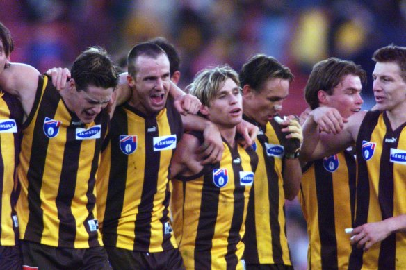 Hawthorn players celebrate after their amazing win.