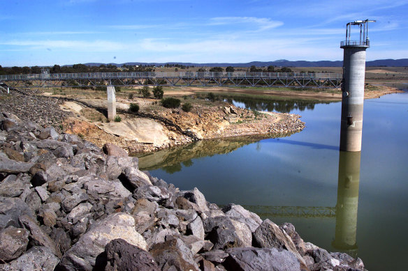 Sugarloaf reservoir during the drought in 2003, when it was about 50 per cent capacity. 