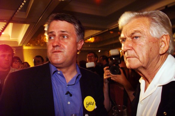 Facing the grim news ... Bob Hawke and Malcolm Turnbull digest the result of the referendum at the republicans' party at the Marriot Hotel in Sydney in 1999.
