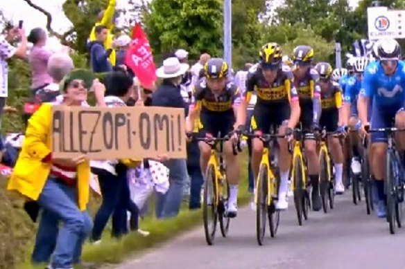 The scene just moments before a spectacular crash on the opening stage of this year’s Tour de France.