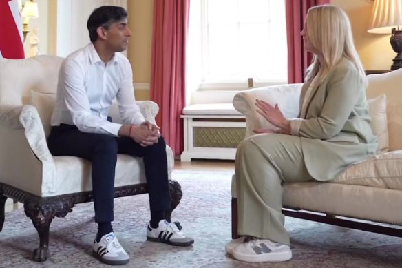 British Prime Minister Rishi Sunak and the offending Adidas Samba sneaker that he formally apologised for wearing during an interview.