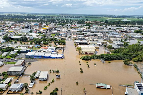 Drone images show the flooding in Bundaberg on Tuesday.