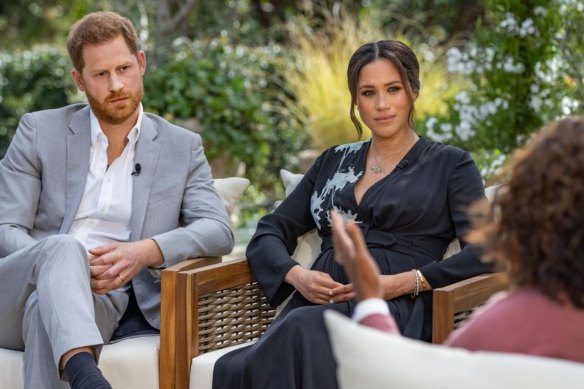 The Duke and Duchess of Sussex talk to Oprah Winfrey in March.
